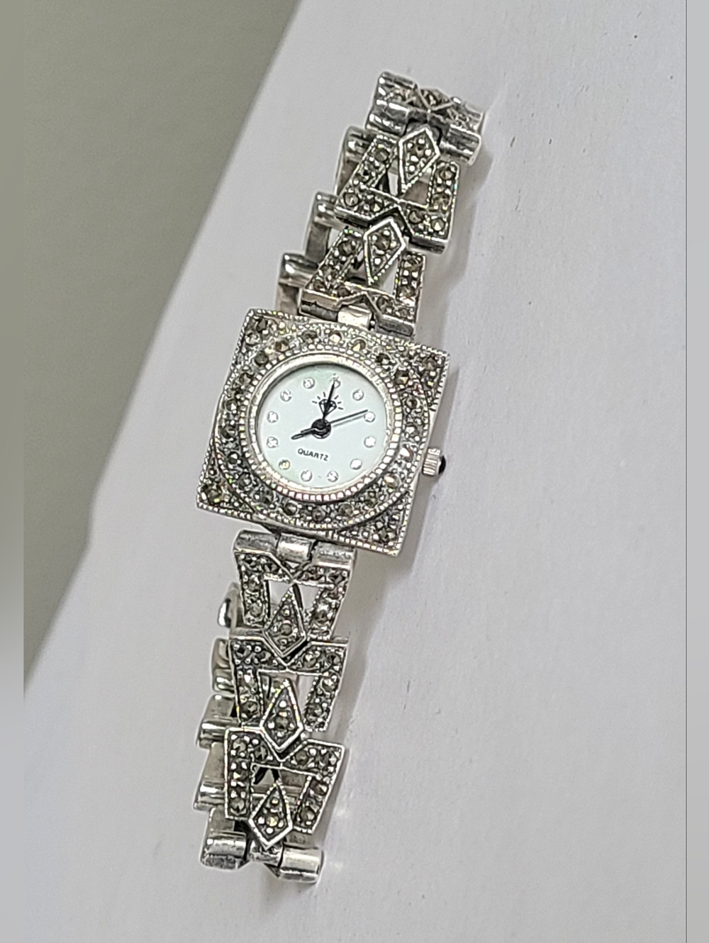 Vintage Art Deco Luxury Sterling Silver Marcasite Crystal Evening Quartz Watch